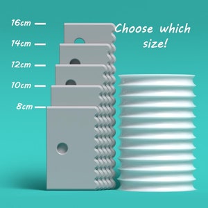 May include: Five grey plastic pieces with different heights, ranging from 8 cm to 16 cm, with a hole in the centre of each piece. The pieces are arranged in a row from shortest to tallest. To the right of the pieces is a white plastic cylinder with a wavy texture. The text "Choose which size!" is written above the pieces.