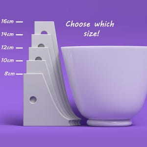 May include: A white ceramic bowl with a rounded bottom and a lip. The bowl is shown next to a ruler with measurements in centimetres, ranging from 8 to 16 cm. The text "Choose which size!" is written above the bowl.