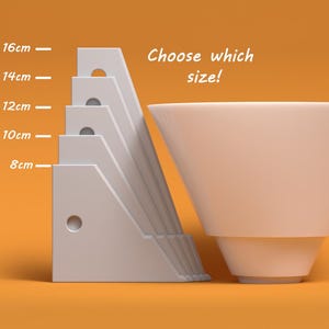 May include: Five white ceramic bowls of different sizes, ranging from 8 cm to 16 cm in diameter. The bowls are arranged in a row, with the largest bowl on the right and the smallest bowl on the left. The text "Choose which size!" is written above the bowls.