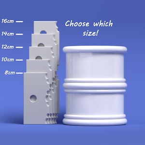 May include: Five white plastic cylinders of different heights, ranging from 8 to 16 centimetres, with a white cylinder with two bands on the right. The text "Choose which size!" is written above the cylinder.