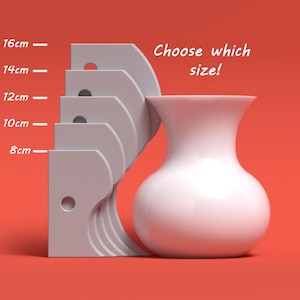 Könnte beinhalten: Eine weiße Keramikvase mit einem runden Körper und einer ausgestellten Öffnung. Ein Lineal mit Markierungen in Zentimetern zeigt die Höhenoptionen der Vase an: 8 cm, 10 cm, 12 cm, 14 cm und 16 cm. Der Text "Wählen Sie die Größe!" steht über der Vase.