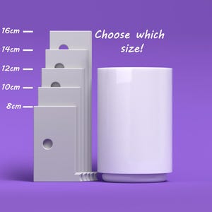 May include: A white ceramic mug with a choice of sizes from 8 to 16 centimetres. Choose which size! The mug is next to a ruler with markings for each size.
