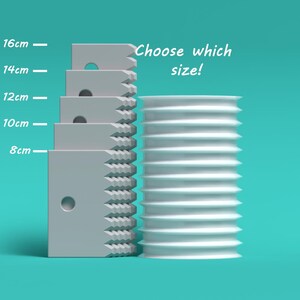 May include: Five different sizes of white plastic gears, ranging from 8 cm to 16 cm in diameter. The gears are stacked on top of each other, with the largest gear at the bottom and the smallest gear at the top. The text "Choose which size!" is written in white on a turquoise background.
