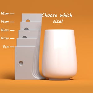 May include: A white, rounded vase next to a stack of grey, rectangular cards with varying heights, ranging from 8cm to 16cm. The text "Choose which size!" is displayed. The background is orange.
