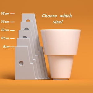 May include: A white ceramic planter with a choice of five sizes, ranging from 8 to 16 centimetres in height. The text "Choose which size!" is written in white on a light orange background.