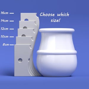 May include: A white vase with a rounded shape and a cylindrical top, beside a white, cheese-like object with size markers from 8cm to 16cm. The text "Choose which size!" is displayed on a blue background.