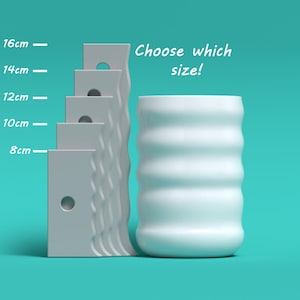 May include: Five white ceramic planter sizes to choose from, ranging from 8 cm to 16 cm in height. The text "Choose which size!" is written in white on a turquoise background.