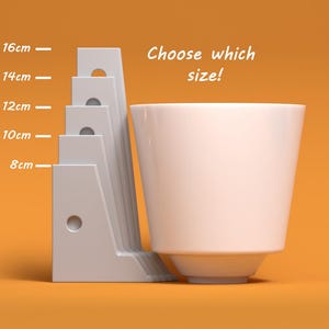 May include: A white ceramic cup with a rounded bottom and a wide rim, next to a white plastic guide with measurements in centimeters, showing different sizes: 8 cm, 10 cm, 12 cm, 14 cm, and 16 cm. The text "Choose which size!" is written in white on a light orange background.
