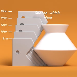 May include: White ceramic vase with a wide base and a narrow neck. The vase is shown next to a ruler with measurements in centimetres, ranging from 8 to 16 cm. The text "Choose which size!" is written above the vase.