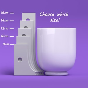 May include: A white ceramic cup with a rounded bottom and a lip. A ruler is shown next to the cup with measurements in centimetres: 8cm, 10cm, 12cm, 14cm, and 16cm. The text "Choose which size!" is written above the cup.