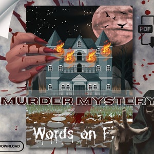 Puede incluir: Ilustración digital con una casa embrujada en llamas, una luna llena y el texto "MURDER MYSTERY". Una mano con uñas largas rojas se extiende, con un botón de descarga.