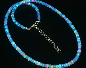 Äthiopischer Blauer Opal Halskette | Natürliche Blaue Opal Facettierte Rondelle | Welo Opal Perle| Multi Feueropal Perlen | 40 cm Echte Facettierte Opal Perlen