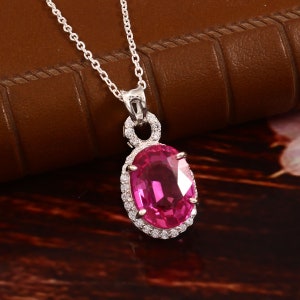 Oval Pink Sapphire Pendant: Sterling Silver Necklace, September Birthstone