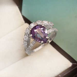 Color Change Alexandrite Ring: 925 Sterling Silver Pear Shape Solitaire Ring, Unique Design Silver Jewellery, Proposal Ring For Girlfriend,