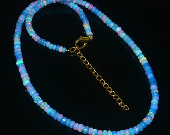 Ethiopian Blue Opal Necklace| Natural Blue Opal Faceted Rondelle Beads| Welo Opal Bead| Multi Fire Opal Beads| 16"Genuine Faceted Opal Beads