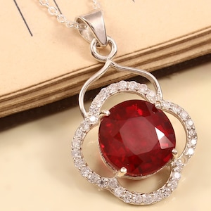 Art Deco Ruby Pendant: 925 Sterling Silver, Sim Diamond Accent