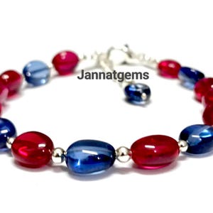 Ruby Sapphire Smooth Oval Beads Bracelet, Sterling Silver, 7 Inch Length, Gift For Her|