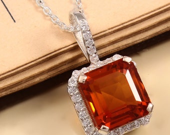 925 Silver Orange Sapphire Pendant Lab Grown Orange Sapphire Necklace Antique Wedding Pendant Anniversary Gift| Birthstone Sapphire Pendant