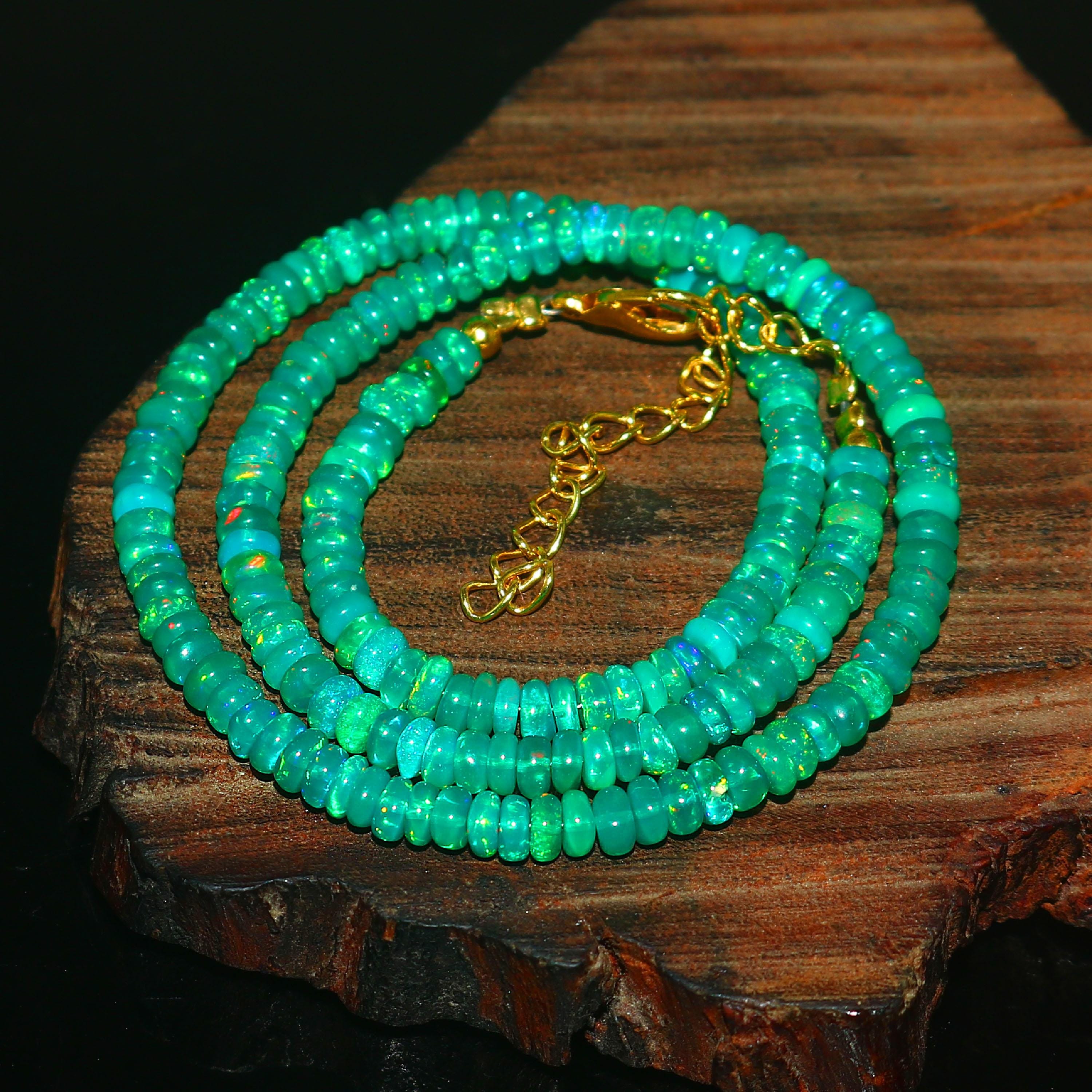 Natural Ethiopian Opal Necklace Natural Green Fire Opal Smooth Rondelle Beads Necklace, Welo Fire Opal Necklace, Opal Jewellery For Women