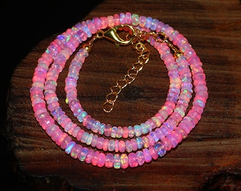Opal Necklace,AAA++ Natural Ethiopian Pink Opal Smooth Rondelle Beads, Pink Fire Opal Necklace, Dainty Opal Jewellery For Her, Opal Gemstone