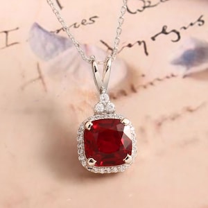 Halo Ruby Necklace, Cushion Cut Genuine Ruby Pendant, 925 Sterling Silver Jewellery, Red Ruby Pendant, Unique Christmas Gift For Girlfriend|