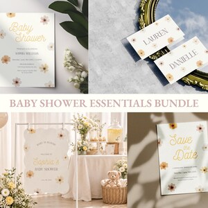 May include: A baby shower essentials bundle featuring white stationery with yellow floral accents. Includes a baby shower invitation, place cards with the names Lauren and Danielle, a welcome sign, and a save the date card with gold script text.