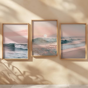 Set of 3 Prints, Pastel Beach Wall Art, Pink Sunset Ocean Waves, Large Digital Prints, Coastal Home Decor, Printable Wall Art, Set of 3