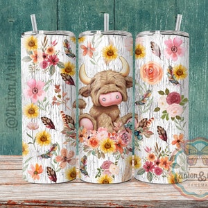 Boho Highland Cow PNG Tumbler Wrap Sublimation File