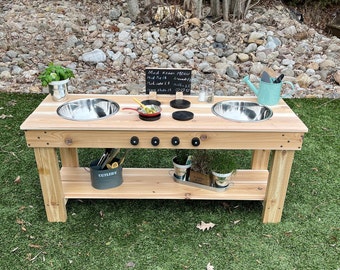 Simple centered mud kitchen with 2 sinks and working faucet; Water and sand play table; Mud table; Handmade