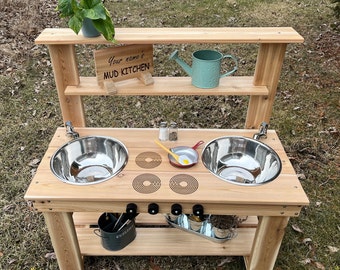 Mud kitchen with WORKING FAUCET;  Cedar wood outdoor play kitchen; Water Sand Table; Sensory Table; Activity Table for Kids