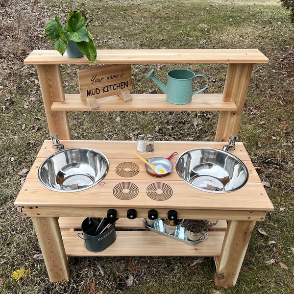 Mud kitchen with WORKING FAUCET;  Cedar wood outdoor play kitchen; Water Sand Table; Sensory Table; Activity Table for Kids