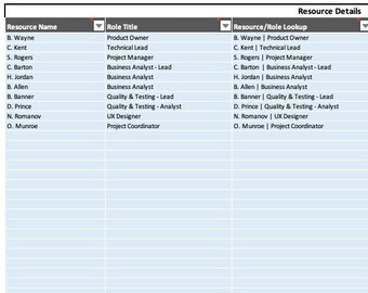 May include: A spreadsheet with three columns titled "Purchase Order Details", "Resource Details", and "Resource Details". The spreadsheet contains information about purchase orders, resources, and daily and hourly rates.