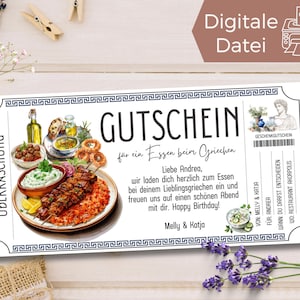 Voucher voor Grieks eten uit de oven sjabloon om thuis af te drukken | Designdiner in een Grieks restaurant | Griekse cadeaubon