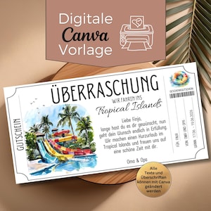 Mall för utskrift av presentkort till poolen på Tropical Islands | Presentidé för en badtur | Presentkort för en kort paus