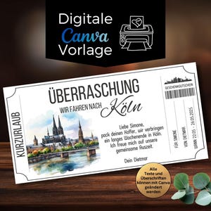 Könnte beinhalten: Ein weißer Geschenkgutschein mit dem Text "ÜBERRASCHUNG WIR FAHREN NACH Köln" und einer Aquarellillustration einer Skyline. Der Gutschein enthält den Text "KURZURLAUB" und "GESCHENKGUTSCHEIN". In der oberen linken Ecke steht der Text "Digitale Canva Vorlage".