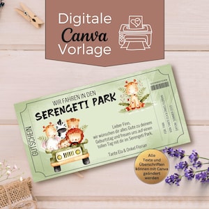Vale-presente para Safari no Parque Serengeti | Modelo de Vale-presente Digital Canva | Presente para Excursão em Parque Animal e Zoológico para Imprimir para Crianças e Família