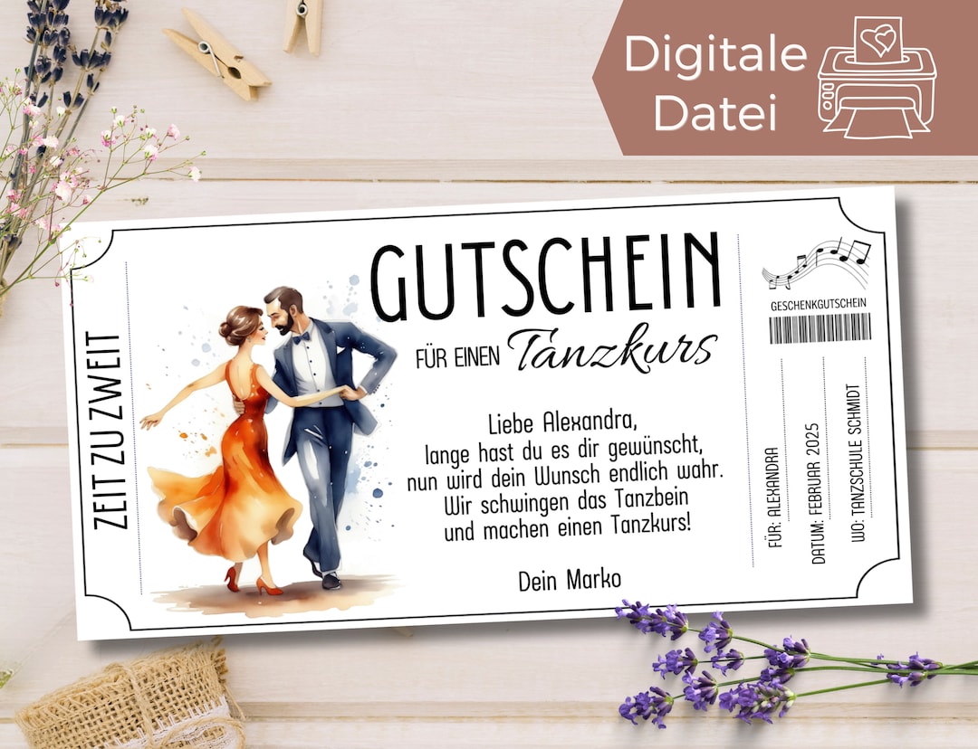 Gutschein Tanzkurs Vorlage | Gutschein zum Ausdrucken | Geschenkidee
