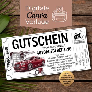 Könnte beinhalten: Eine digitale Canva-Vorlage für einen Gutschein für die Fahrzeugaufbereitung. Der Gutschein zeigt eine rote Autoillustration, eine Autowaschgrafik und deutschen Text. Auf einem Holzgrund.