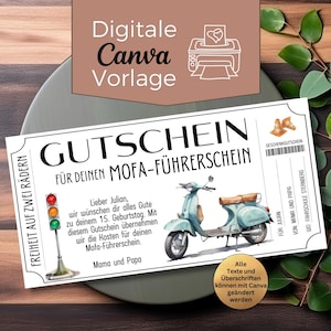 Könnte beinhalten: Eine digitale Canva-Vorlage für einen Geschenkgutschein. Der Gutschein zeigt eine hellblaue Roller-Illustration, eine Ampel und deutschen Text. Der Gutschein ist für einen Mofa-Führerschein.
