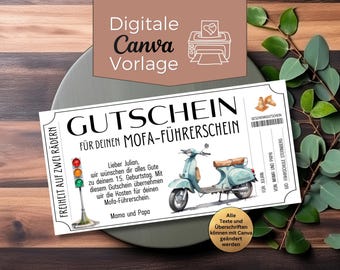 Plantilla de vale para permiso de conducir de ciclomotor para imprimir | Certificado de regalo para autoescuela (motos) | Plantilla de vale personalizable para ciclomotores
