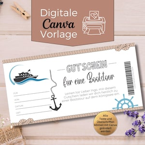 Vale para excursión en barco | Plantilla imprimible de Canva | Vale de regalo personalizable para excursión en barco | Idea de regalo para excursión en barco