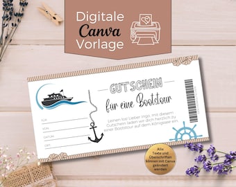 Boottochtvoucher | Afdrukbare Canva-sjabloon | Aanpasbare cadeaubon voor een boottocht | Idee voor een boottochtcadeau