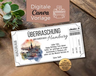 Reisegutschein Hamburg Elbe | Gutschein Vorlage für einen Kurzurlaub Alster | Gutschein zum Ausdrucken | Geschenkgutschein Städtetrip
