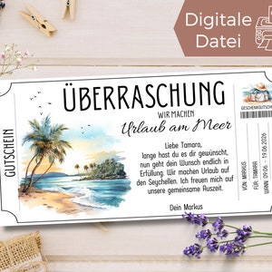 Travel voucher beach holiday | Holiday by the sea palm trees | Voucher for a travel template to print out | Gift voucher beach holiday