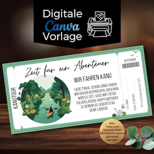 Puede incluir: Una plantilla digital de Canva para un vale de regalo de aventura Kanutour. El diseño presenta una ilustración escénica de un río con una canoa, rodeado de árboles. El texto incluye "Zeit für ein Abenteuer" y "Wir fahren Kanu."