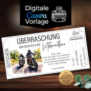 May include: A white gift certificate with the text "ÜBERRASCHUNG WIR MACHEN EINE Motorradtour" and a watercolor illustration of two motorcycles. The certificate includes details for Lukas, Enrico & Manuel, and the location and date of the tour.