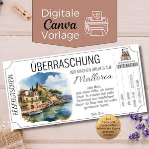 May include: A white gift voucher with German text including "ÜBERRASCHUNG" and "Mallorca". The voucher features a watercolour illustration of a coastal scene with buildings and a boat. Additional text includes "Reisegutschein" and "Geschenkgutschein".