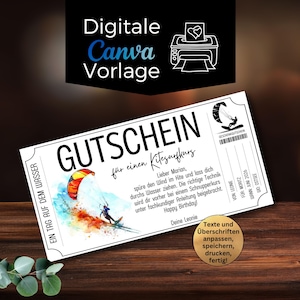 Könnte beinhalten: Ein weißer Gutschein mit dem Text "GUTSCHEIN für einen Kitesurfkurs" und einer farbenfrohen Illustration einer Person beim Kitesurfen. Der Gutschein enthält den Text "EIN TAG AUF DEM WASSER" und "Digitale Canva Vorlage".