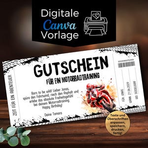 Könnte beinhalten: Eine digitale Canva-Vorlage für einen Gutschein für ein Motorradtraining. Das schwarz-weiße Design zeigt eine Motorradgrafik, Reifenspuren und Text auf Deutsch. Der Gutschein enthält den Text "Zeit für ein Abenteuer" und "Happy Birthday!"
