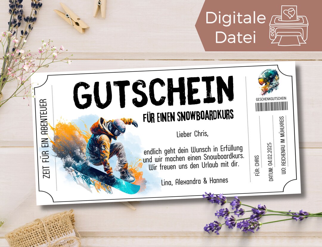 Voucher Template Snowboard Course Gift Voucher Snowboard Etsy